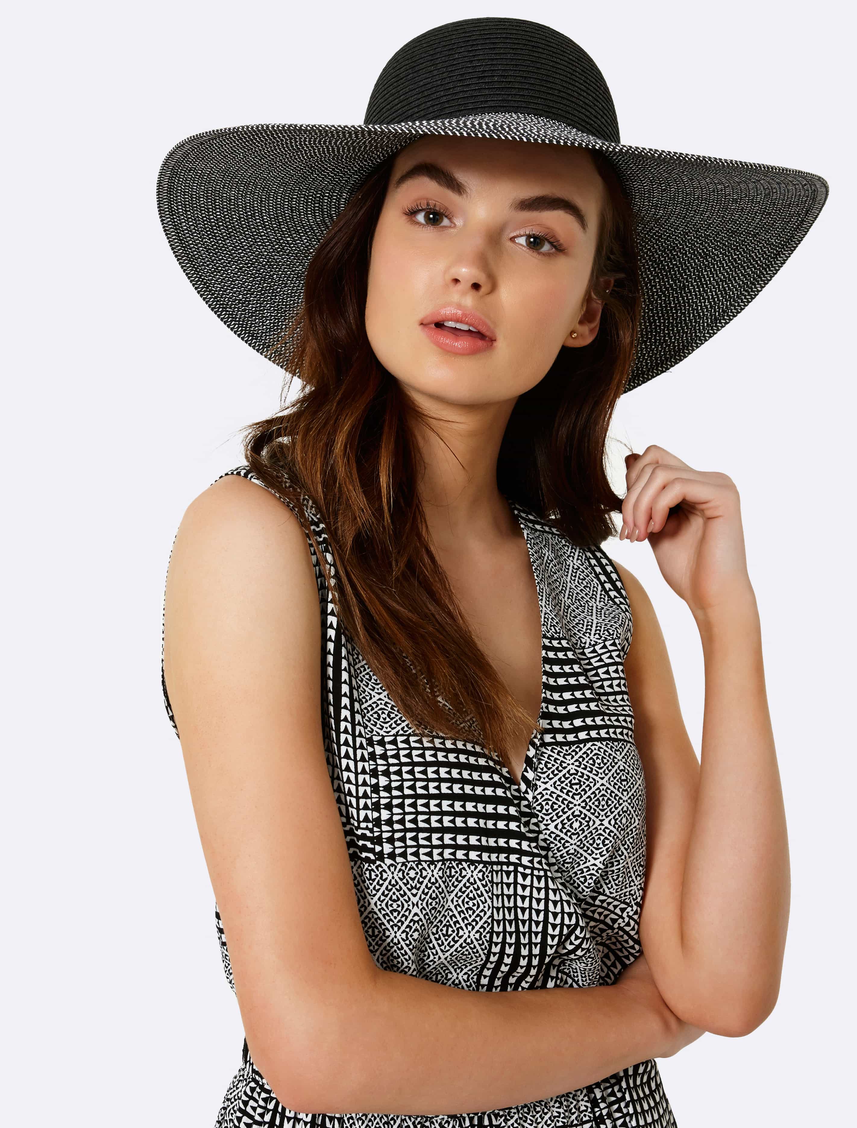 Jaya Mono Straw Floppy Hat Black & White