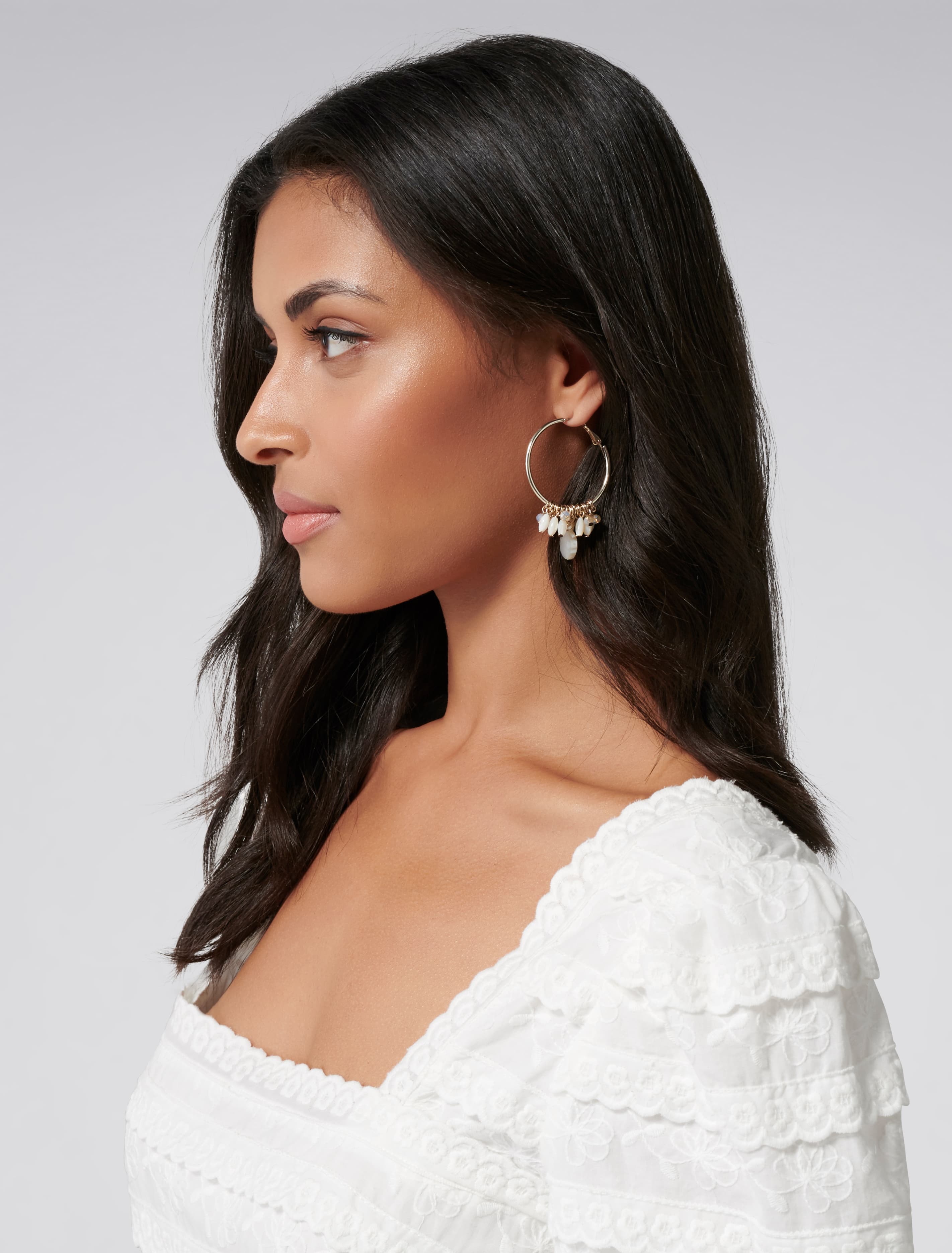 Calli Mixed Bead Adorned Hoop Earrings Ivory