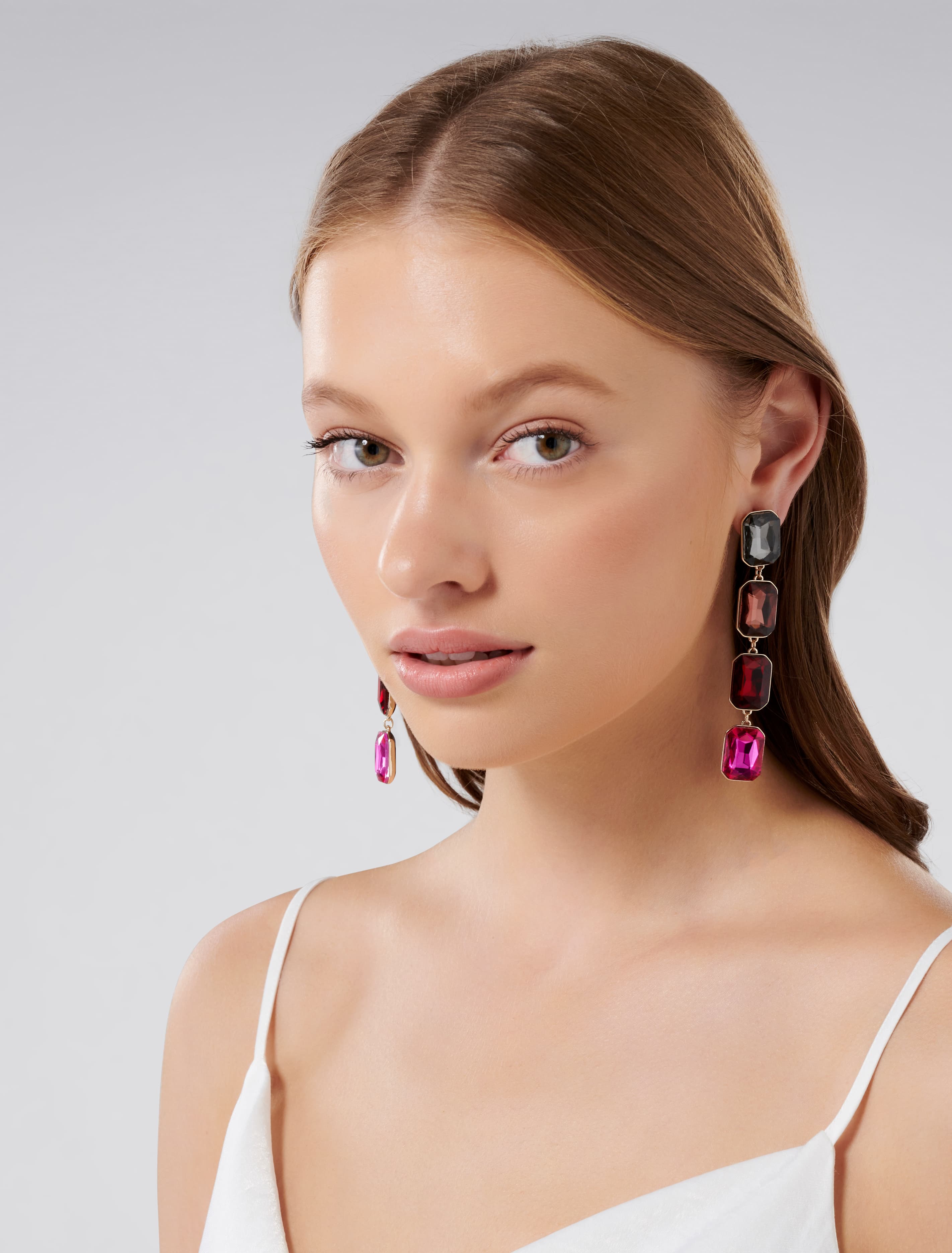 Zoe Rectangle Stone Long Drop Earrings Red Multi