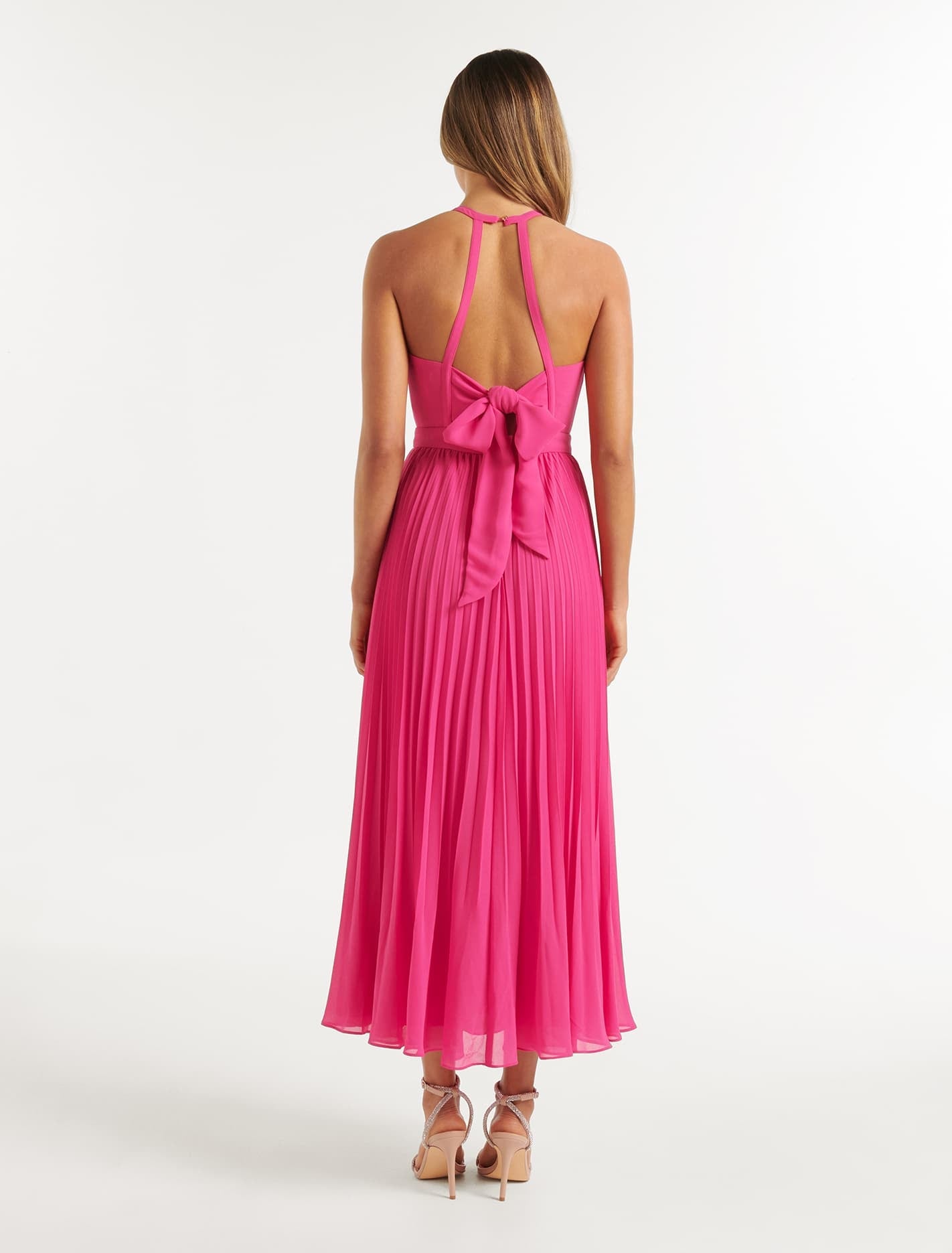 Gwenyth Pleated Halter Maxi Dress Fuchsia Pink