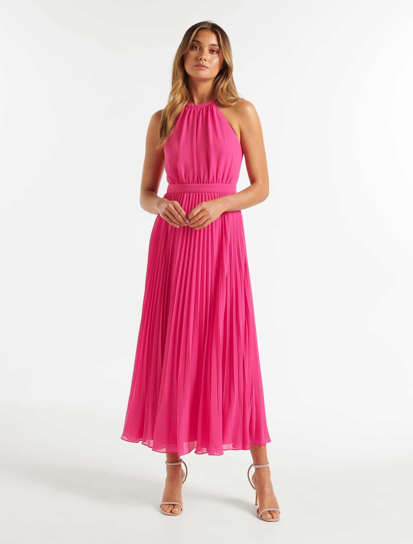 Gwenyth Pleated Halter Maxi Dress Fuchsia Pink