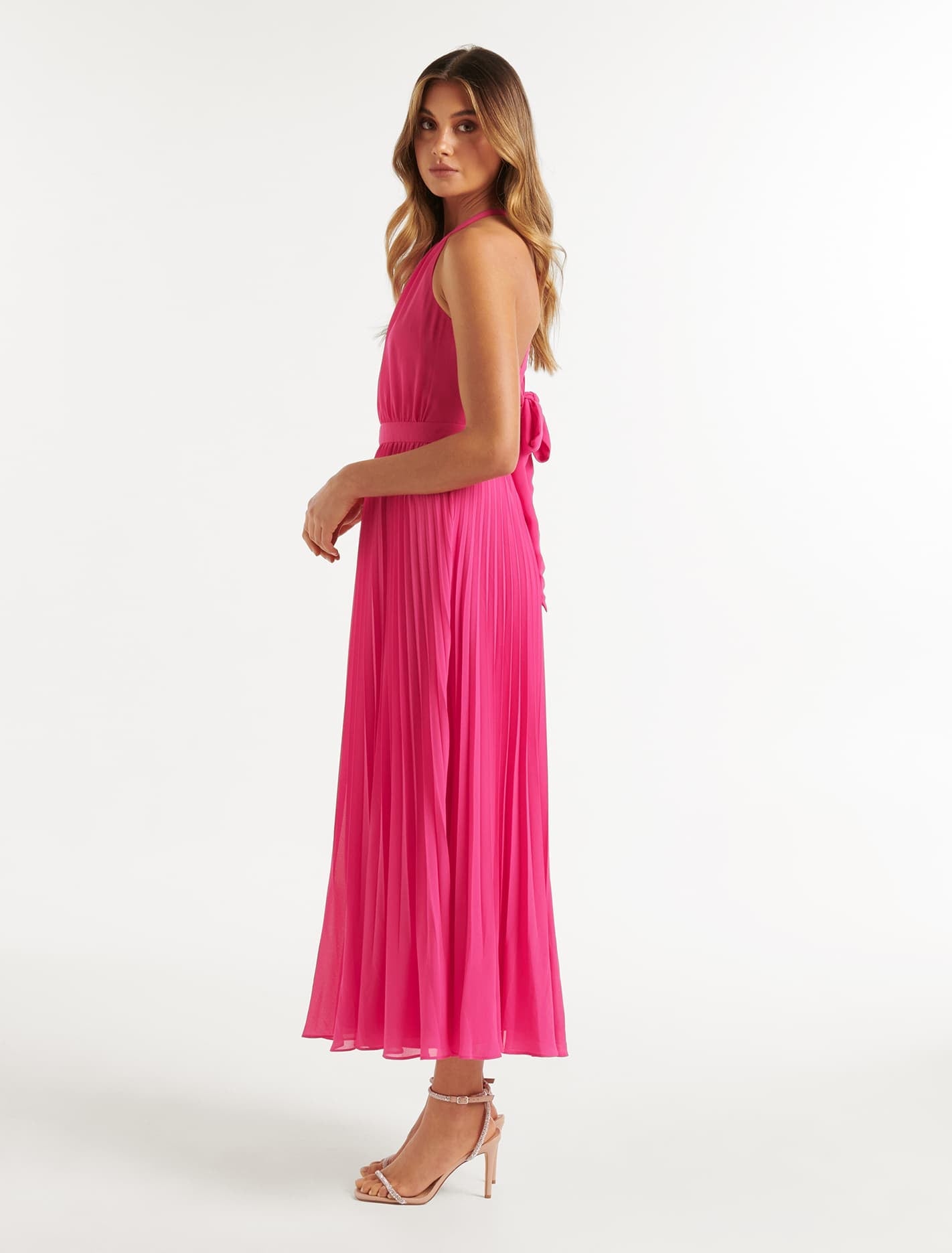 Gwenyth Pleated Halter Maxi Dress Fuchsia Pink