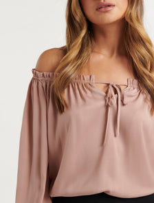 UPDATING NZ FIRST MARKET DETAILS Harriet Satin Off Shoulder Blouse Nougat Brown