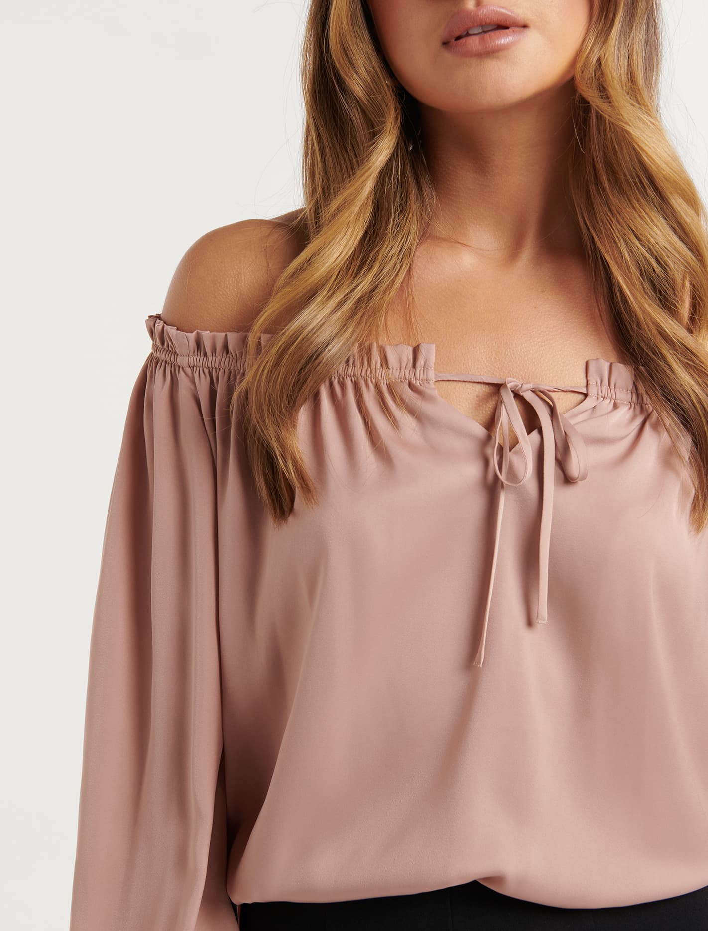 UPDATING NZ FIRST MARKET DETAILS Harriet Satin Off Shoulder Blouse Nougat Brown