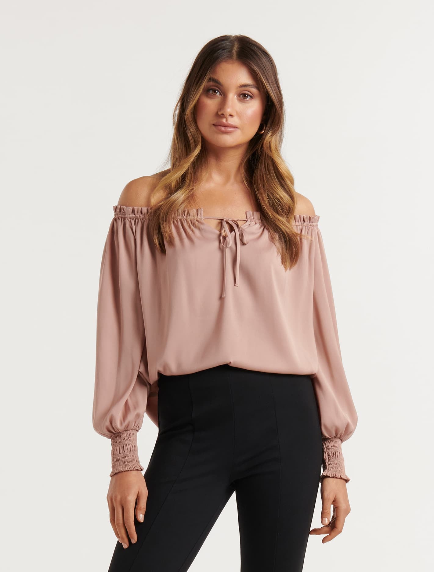 UPDATING NZ FIRST MARKET DETAILS Harriet Satin Off Shoulder Blouse Nougat Brown