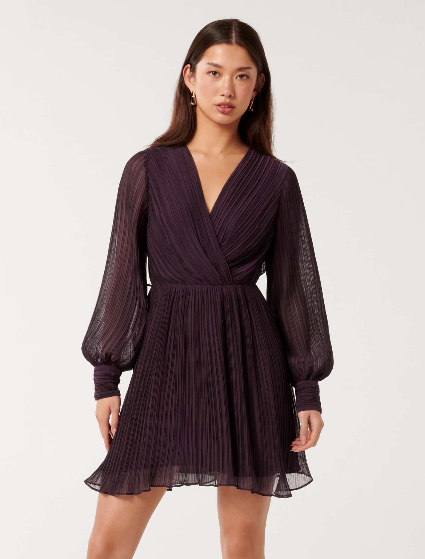 Genevieve Crinkle Mini Dress Eggplant