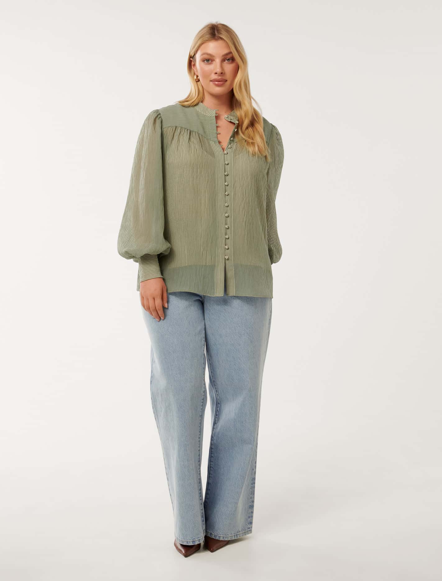 Leo Curve Soft Stripe Blouse Soft Sage
